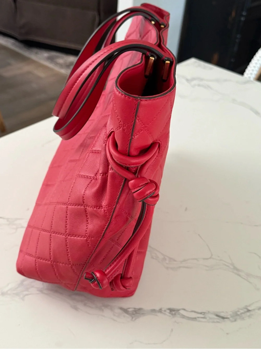 Tory Burch Georgia Slouchy Red Quilted Leather Tote with Gold Logo